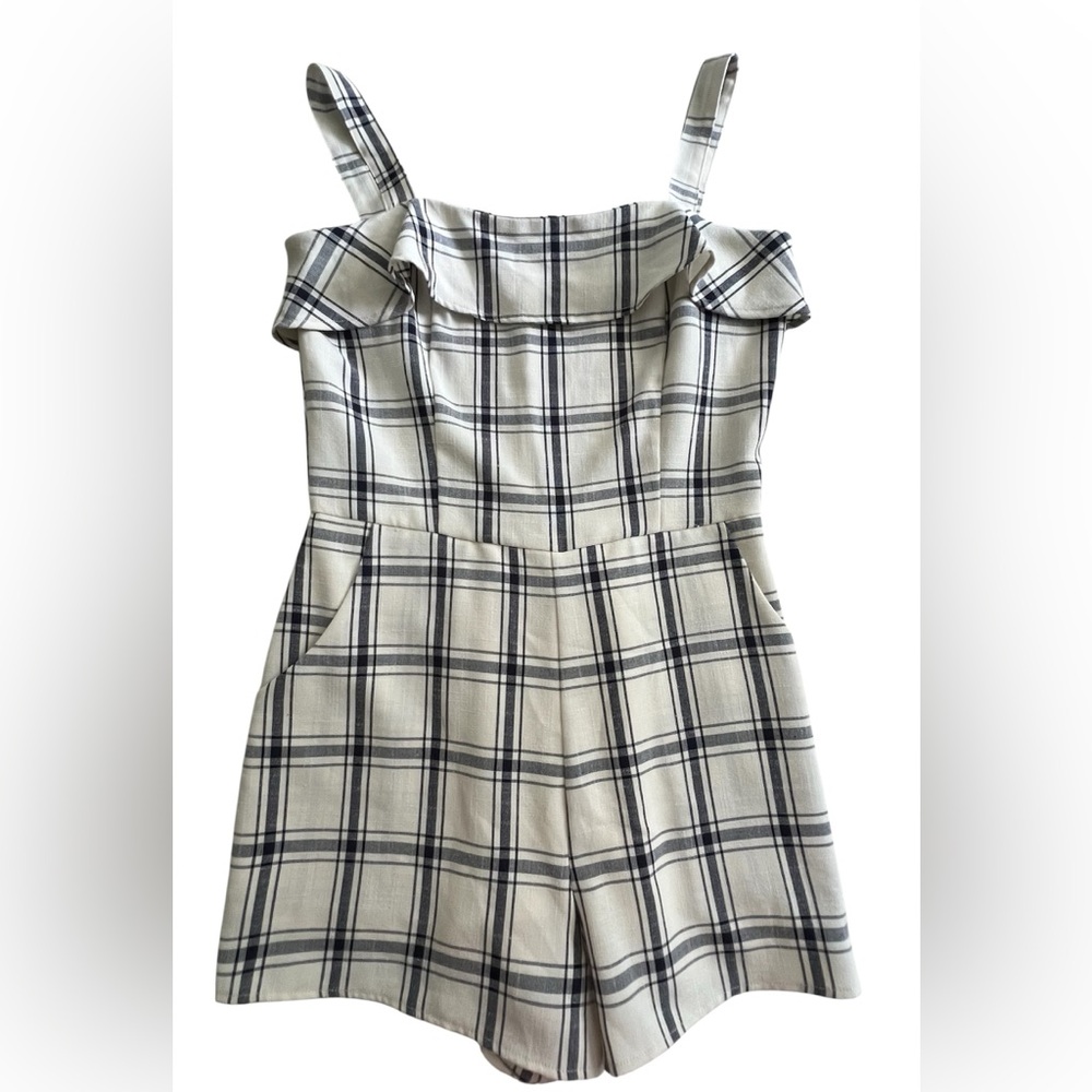 She + Sky Blue and White Plaid Pocketed Shorts Romper, Size M